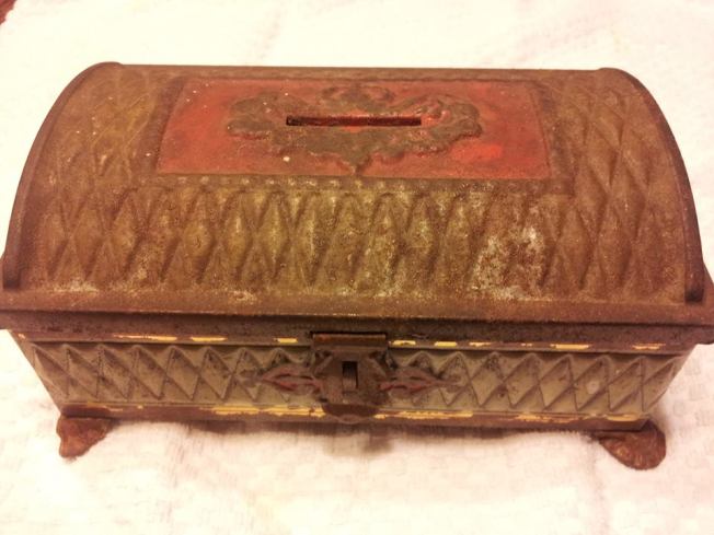 Antique Store Treasure that found a new home today. Lovingly used Metal Box Bank with red and green patina 